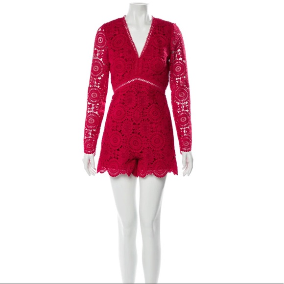 Ml Monique Lhuillier Lace V-Neck Romper Red Sz 10 - Picture 3 of 13